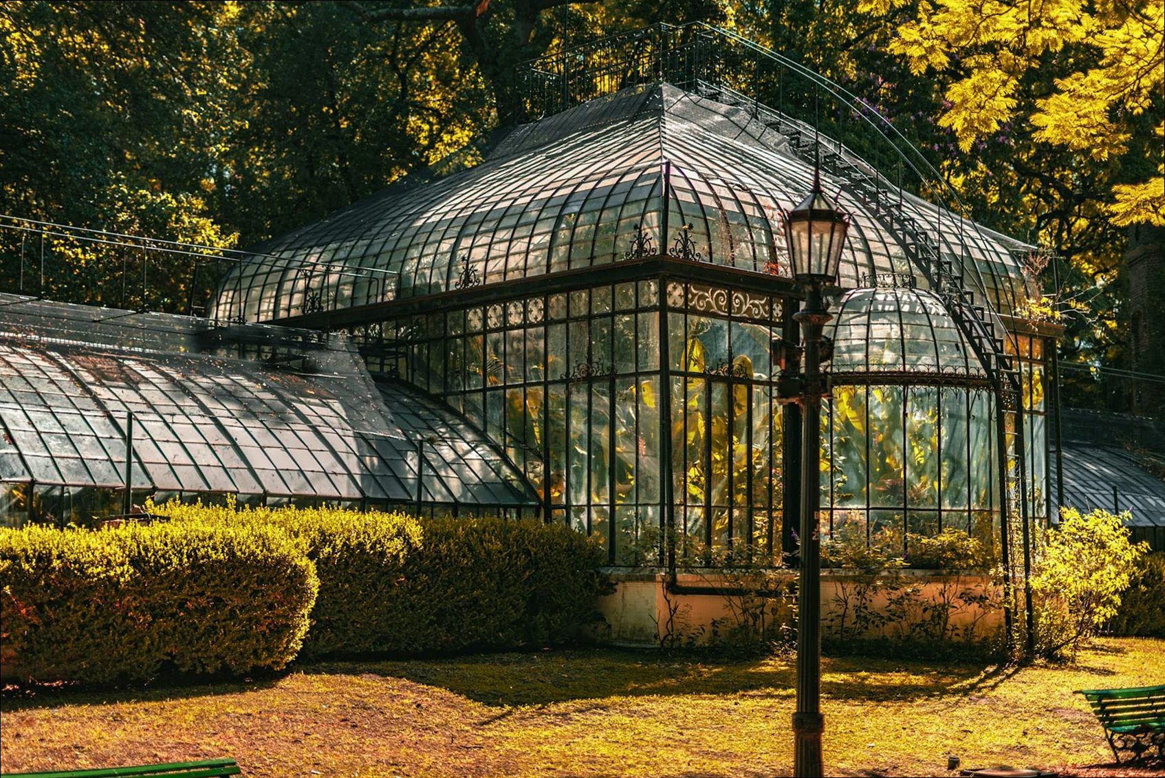 Un invernadero de cristal bellamente iluminado por el sol, rodeado de exuberante vegetación en un tranquilo parque duran